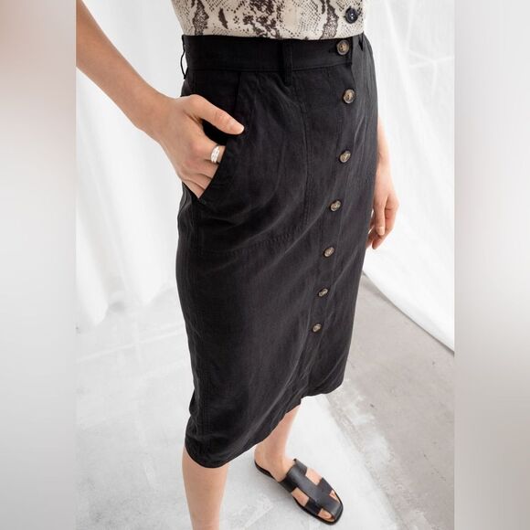 & OTHER STORIES Lyocell Linen Blend Pencil Button Front Midi Skirt Black Size 2 - Picture 1 of 11